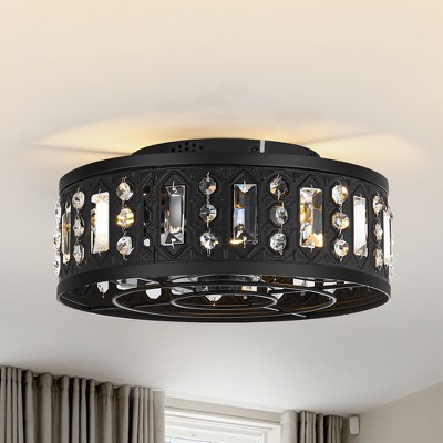 Airsurfer 12.5-inch Black Flush Mount Crystal Small Caged Ceiling Fan with Remote and Light Kit
