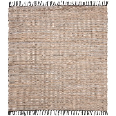 Beige Handwoven Leather Square Area Rug with Fringe