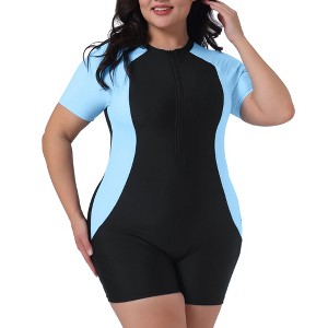 Agnes Orinda Women's Plus Size Tummy Control Colorblock Zip Front Rashguard One-Piece Swimsuit - 1 of 4