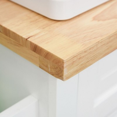 White Wood Kitchen Cart with Butcher Block Top and Storage