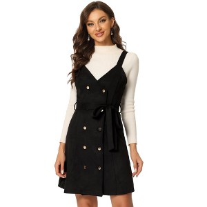 Allegra K Women's Faux Suede V Neck Button Down Belted Pinafore Overall Dress - 1 of 4