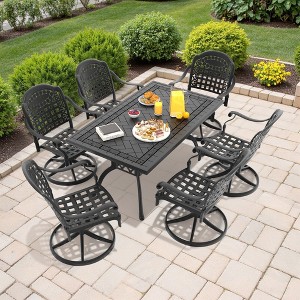 7-Piece Rectangle Cast Aluminum Patio Set with Swivel Chairs,Blue Cushions - 1 of 4
