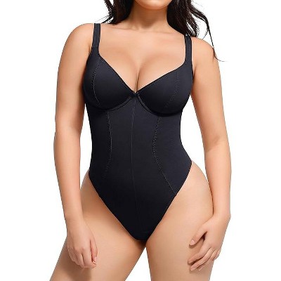 SHAPELLX Slimming Bodysuits for Women Tummy Control Thong Shapewear Built in Bra Body Control Body Suit Faja Body Shaper—Black 38