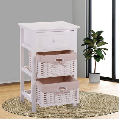Resenkos Nightstand w/ 2 Wicker Storage Wood Drawer, End Table, Bedside Table for Bedroom, Living Room, Storage Shelves and Drawer, White