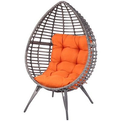 Gray Wicker Teardrop Chair with Orange Cushions