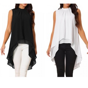 INSPIRE CHIC Women's Casual Tie Back Asymmetrical High Low Sleeveless Mock Neck Flowy Blouse 2 Packs - 1 of 4