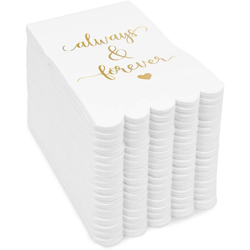 Sparkle and Bash 100 Pack White Napkins for Wedding Reception with Gold Foil Scalloped Edges, Always and Forever, 3-Ply, 4 x 8 In, 3 of 7