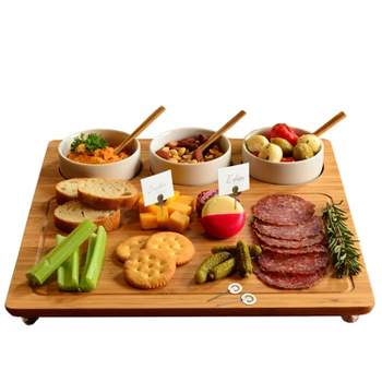 Picnic at Ascot Bamboo Cheese Board/Charcuterie Platter w/Bowls & Bamboo Spoons & Cheese Markers - 13" x 13"