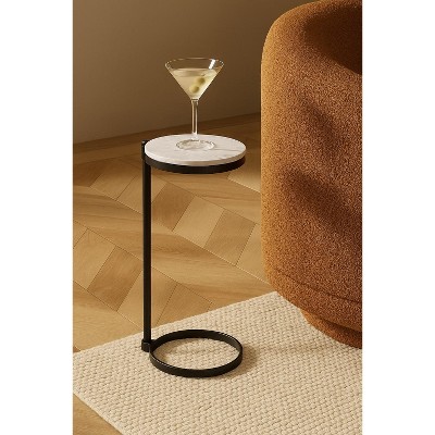 C Shaped Martini Drink Round Table with Black or Gold Metal Base, Carrara Marble top