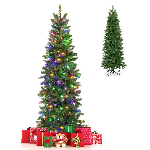 Tangkula 5 ft Artificial Pre-lit Christmas Tree Pencil Christmas Tree w/  180 Warm White & Multi-color LED Lights 10 Light Modes