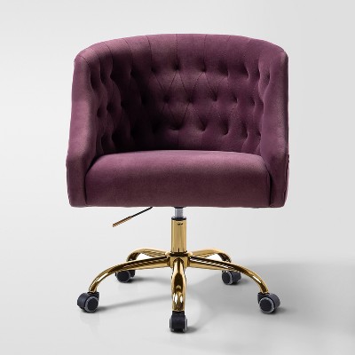 Anika Velvet Height-adjustable Swivel Task Office Chair with Button-tufted Back and Gold Base | Karat Home