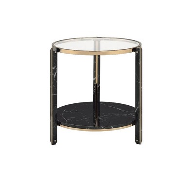 Round Glass and Faux Black Marble End Table with Champagne Trim