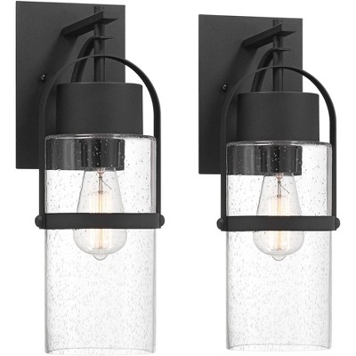 Possini Euro Design Caramela 16" High Modern Outdoor Wall Light Fixture Mount Porch House Exterior Set of 2 Weatherproof Black Clear Glass Shade
