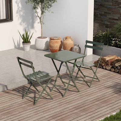 3-Piece Folding Table and Chairs, Outdoor Bistro Set, Metal Square Folding Table with 2 Chairs, Collapsible Portable Patio Chat Set – Cuddlewood