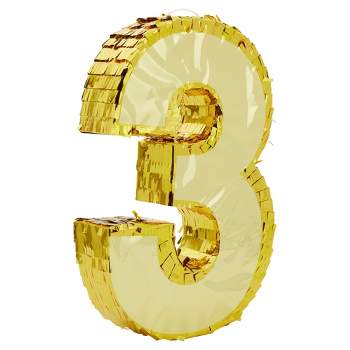 Juvale Number 3 Gold Foil Party Pinata for Third 3rd Birthday, Centerpiece Decoration 11.1 x 2.9 x 16.1 in