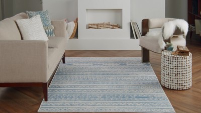 Light Blue Ivory Geometric 8' x 10' Synthetic Area Rug