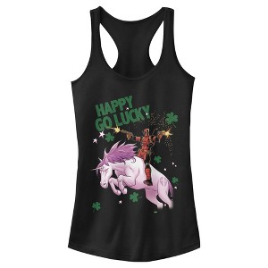 Juniors Womens Marvel St. Patrick's Day Deadpool Happy Go Lucky Racerback Tank Top - 1 of 4