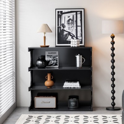 LOVMOR Multifunctional 4-Tier Black Book Shelf & Coffee Table for Living Room