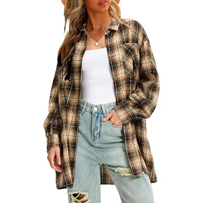 EXLURA Womens Plaid Flannel Shacket Long Sleeve Button Down Shirts Long Jackets Oversized Fall Fashion Outfits