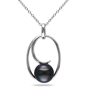 EVERLY JEWELRY | Sterling Silver 8-9mm Cultured Tahitian Pearl Geometric Pendant with Chain, 18" - 1 of 4
