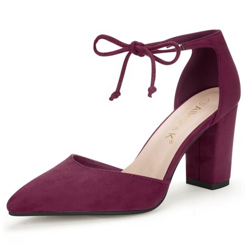 Allegra K Women's Ankle Strap Pointed Toe Block Heels Pumps Burgundy 8.5