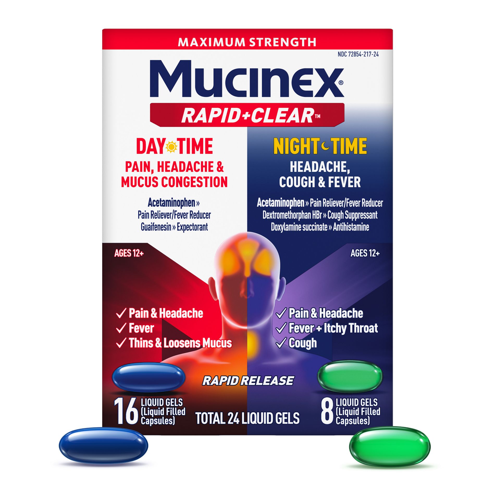 Mucinex Rapid Clear Pain Headache Mucus Congestion Nightime Liquid Gels - 24ct