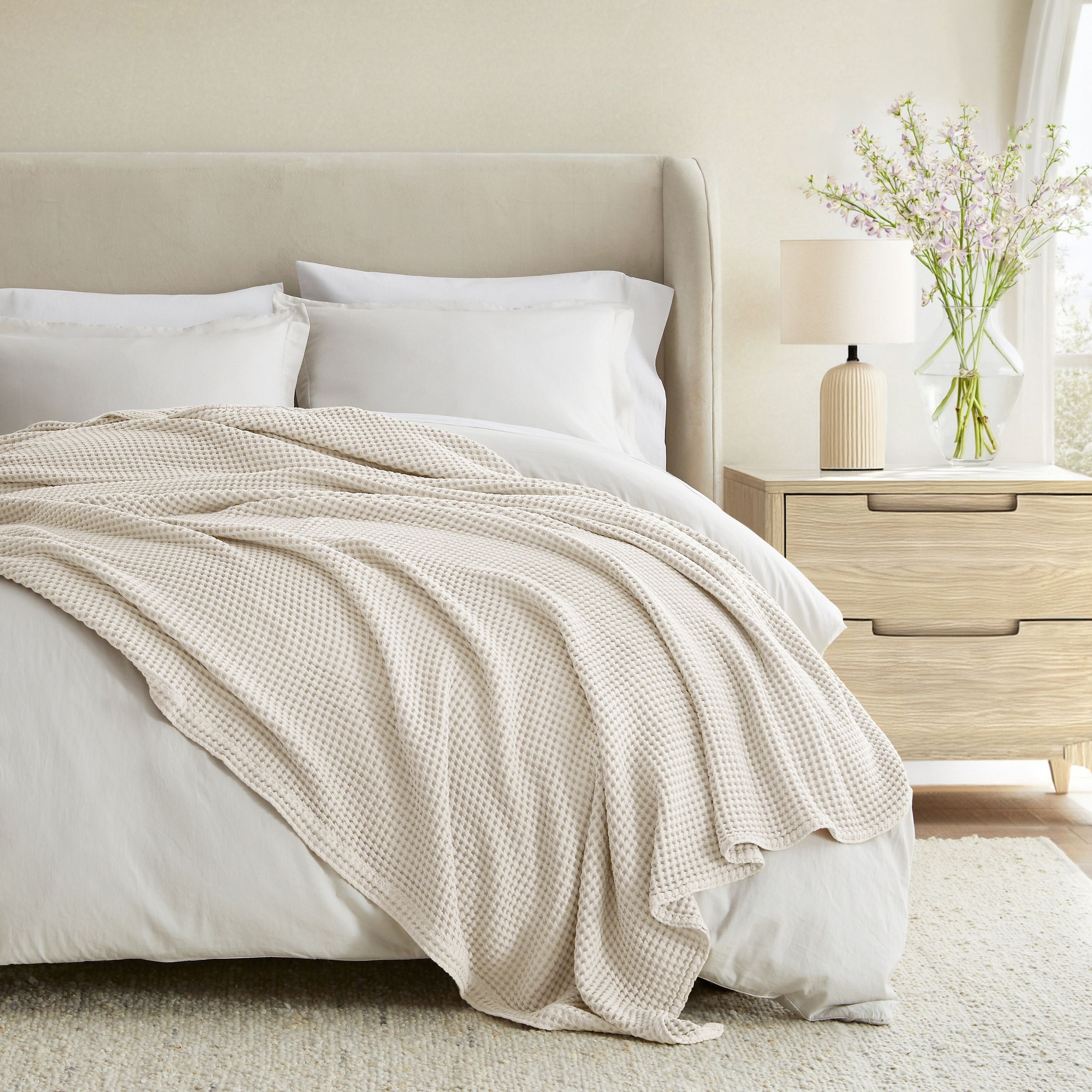 Waffle Blanket 100% Cotton, Soft Cozy Lightweight Bed Blanket for Bedroom, Couch or Chair, King, Queen, Twin, All-Season Woven Throw, Queen, Natural