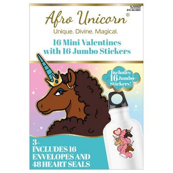 16ct Valentine's Stickers Exchange Cards Afro Unicorn Jumbo Die Cut