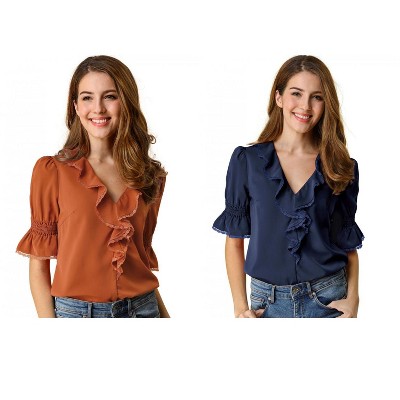 Allegra K Women's Ruffle V Neck Puff Sleeve Summer Casual Chiffon Peasant Top 2 Packs
