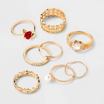 Pearl Heart and Rose Multi Ring Set 8pc - Wild Fable™ Gold