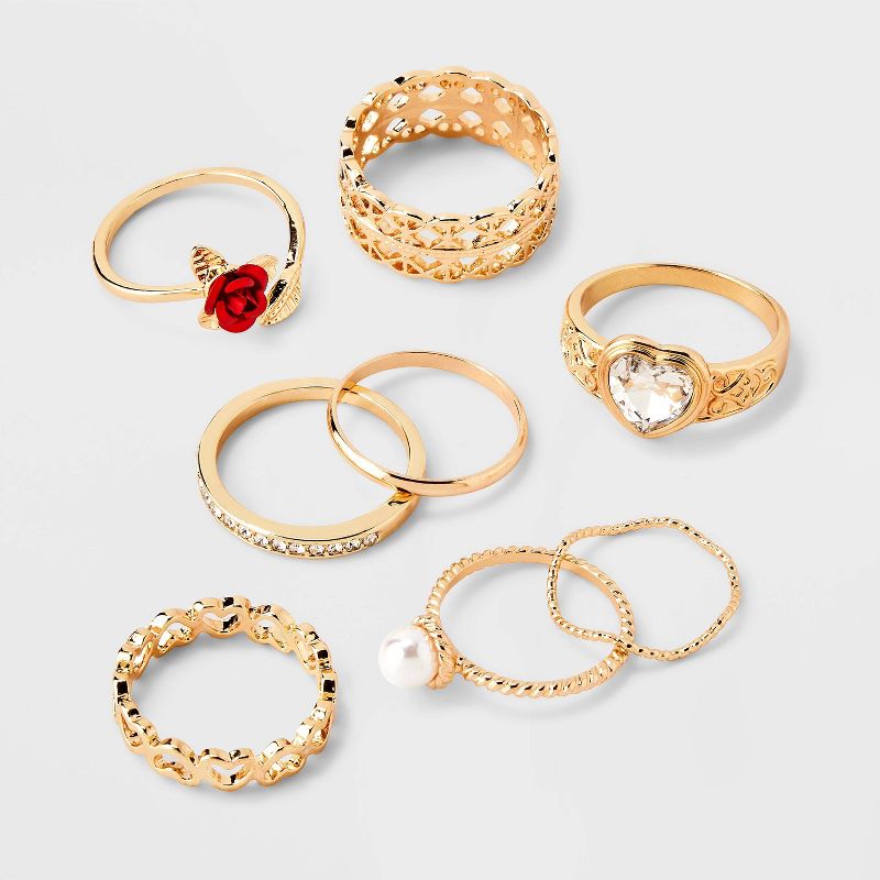 Pearl Heart and Rose Multi Ring Set 8pc - Wild Fable™ Gold: Zinc Band, Stacking, Statement Jewelry