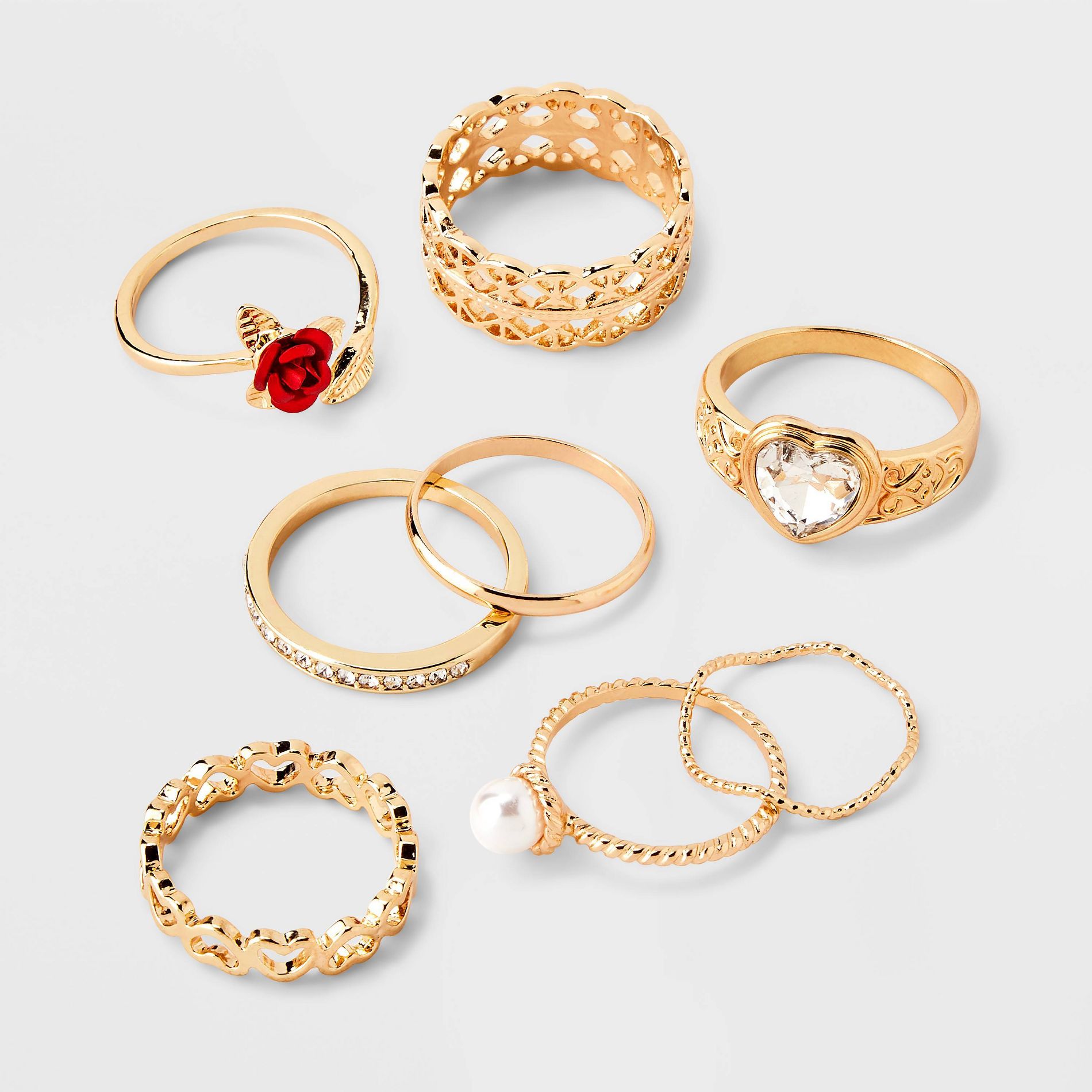 Pearl Heart and Rose Multi Ring Set 8pc - Wild Fable™ Gold: Zinc Band, Stacking, Statement Jewelry