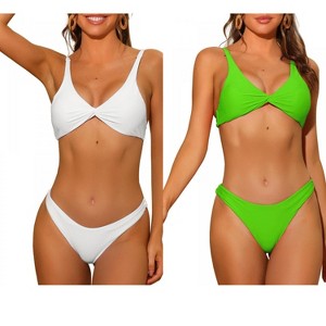 INSPIRE CHIC Women's Twist Cross Knot Solid Adjustable Straps Self Tie Back Swimsuits Bikini 2 Set - 1 of 4