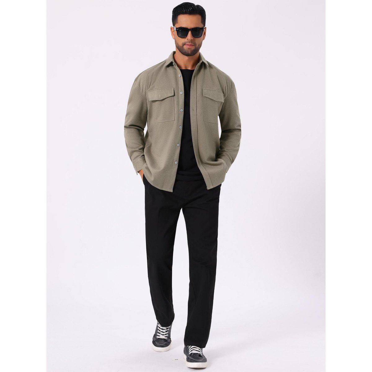 Мужские куртки INSPIRE CHIC Men's Point Collar Long Sleeve Button Down Casual Work Shirt Jacket Medium Gray Khaki — фото 5
