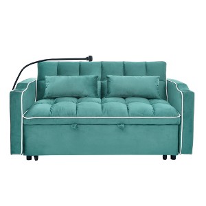 TiramisuBest 55" Velvet Sleeper Sofa with Pull-Out Bed, Convertible Loveseat with Pillows & Side Pockets for Small Spaces, Living Room, Blue - 1 of 4