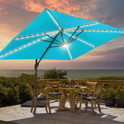 Sonkuki 11.5x9FT Outdoor Patio Solar LED Cantilever Umbrella Aluminium Pole w/Base, 360°Rotation and Canopy Angle Adjustment