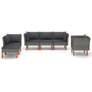 vidaXL Farmhouse Style 6-Piece Patio Lounge Set - Durable Poly Rattan and Solid Eucalyptus Wood - Gray Color with Anthracite Cushions - Easy Assembly - 1 of 4