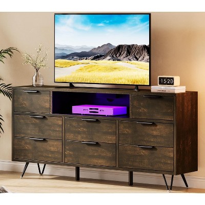 Homhougo TV Cabinet with Storage LED Lights,Power Outlets, Dresser with 8 Drawers Open Shelf,Metal Frame & Wood Top Entertainment Brown