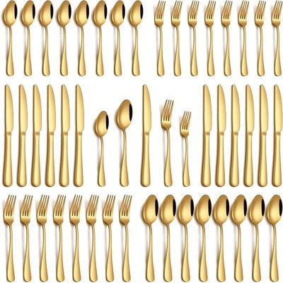 BRINJOY 40-Piece Gold Silverware Set - 8-Person Stainless Steel Flatware Set with Mirror Polish, Dishwasher Safe Cutlery Set