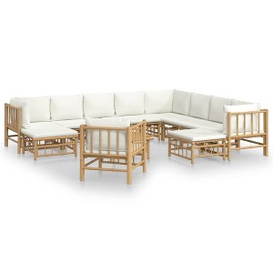 vidaXL Patio Furniture Set - 12-Piece Bamboo Lounge Set with Loveseat and Cream White Cushions - Outdoor Garden Patio Deck - 1 of 4