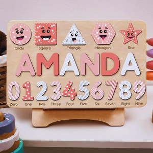 Huxxion Personalized Wooden Shaped & Numbers Name Puzzle, Gifts For 1 2 3 Year Old, Wooden Name Puzzle For Kids, Montessori Toys | Kindly Toys NP20 - 1 of 1