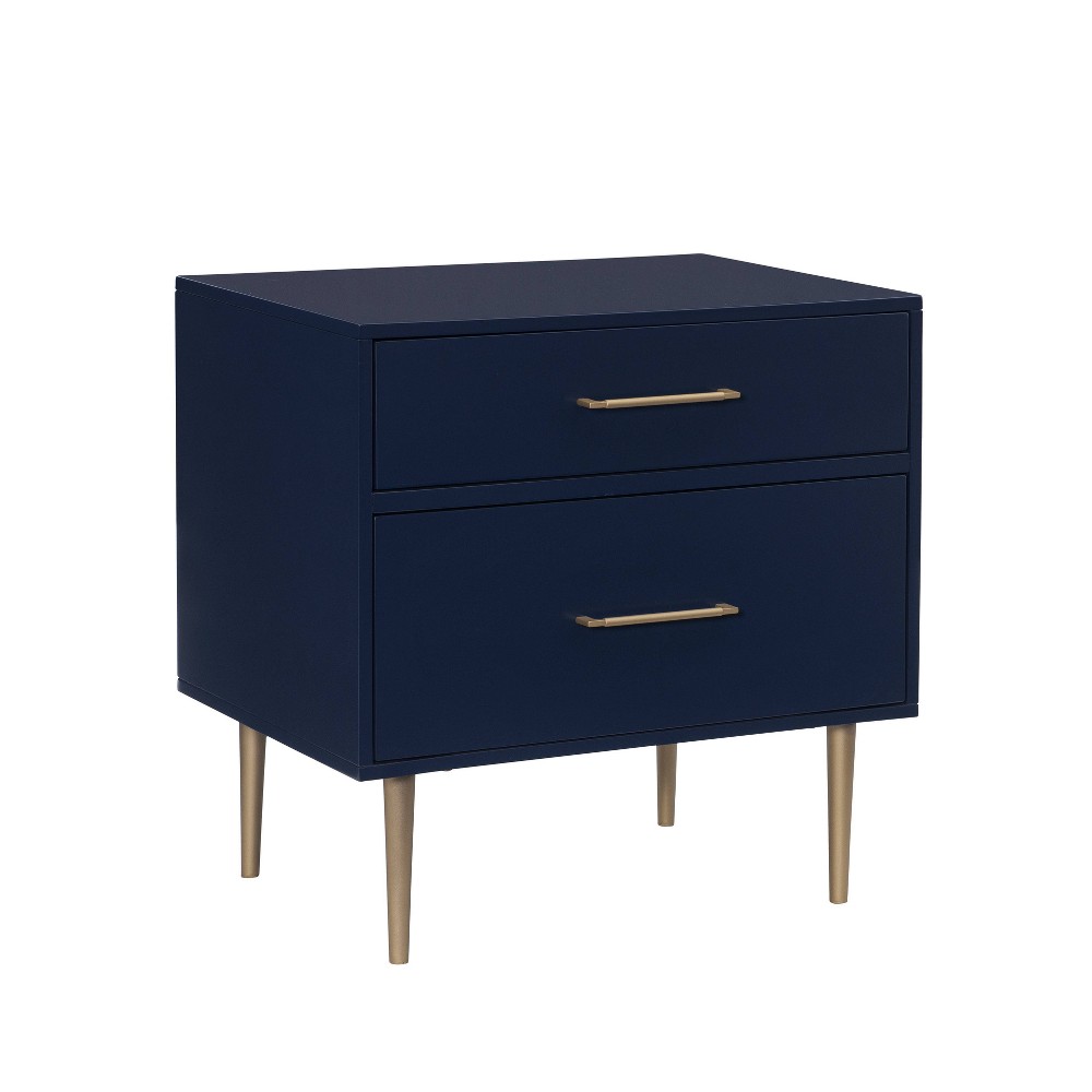 Gloria Modern Mixed Material 2 Drawer Nightstand Navy with Gold Accents - Linon: Chic Bedroom Storage Furniture