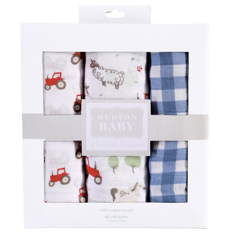 Hudson Baby Infant Boy Cotton Muslin Swaddle Blankets, Boy Farm Animals, One Size, 3 of 6