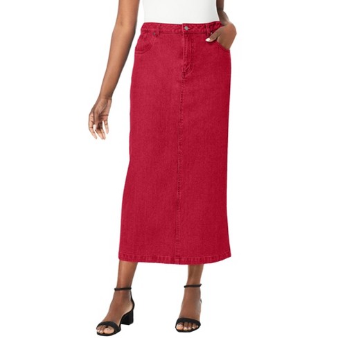 Jessica London Women's Plus Size Classic Cotton Denim Midi Skirt, 34 -  Classic Red : Target