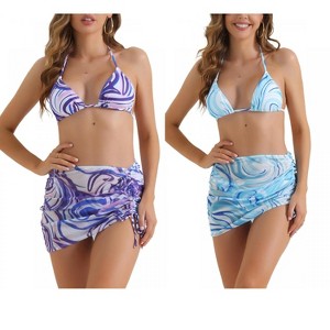 INSPIRE CHIC Women's Halter Contrast Color Tie Back Triangle Bottoms Bathing Bikini Suits 2 Sets - 1 of 4