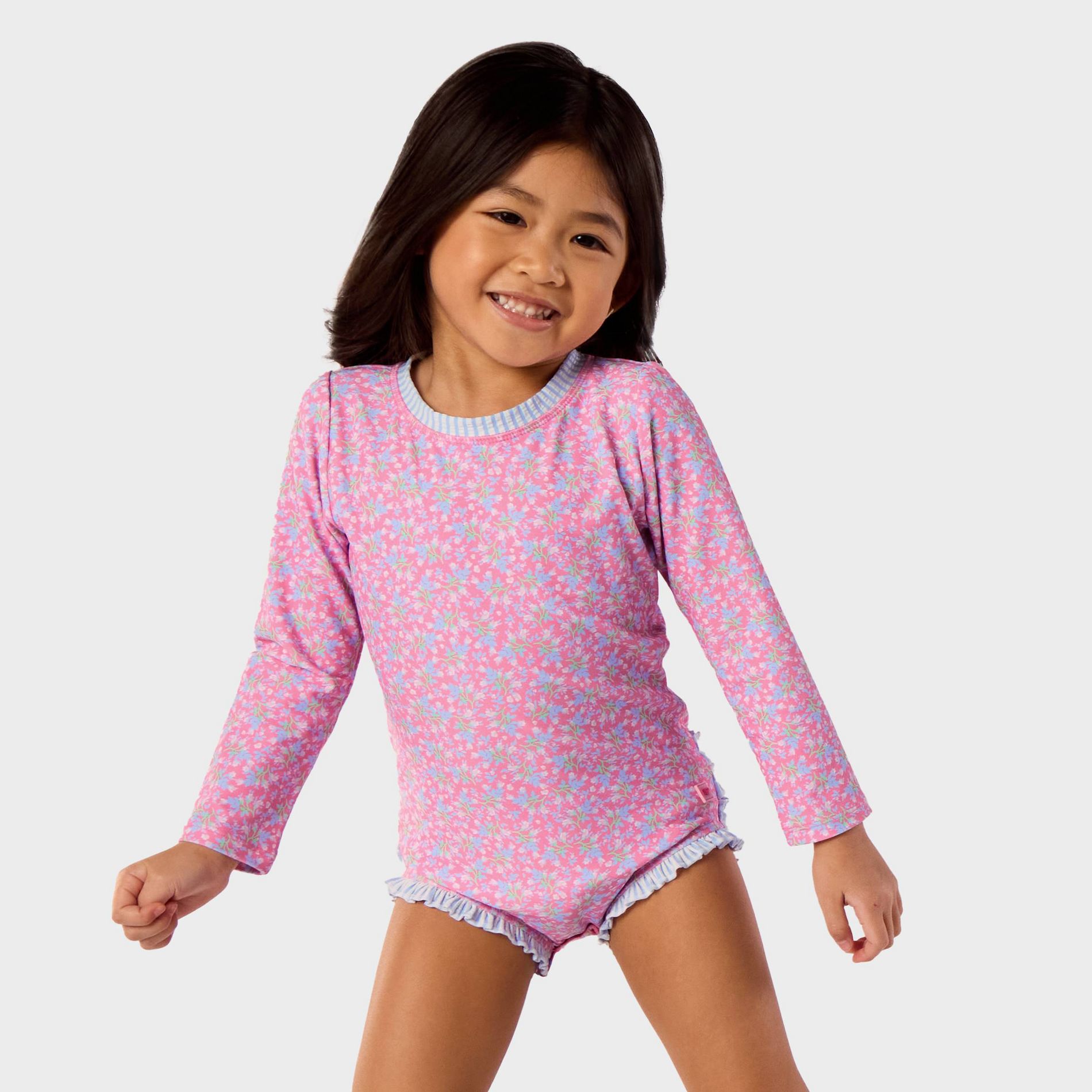 RuffleButts Toddler Girls' Ditsy Floral Long Sleeve One Piece Rash Guard Swimsuit - Pink