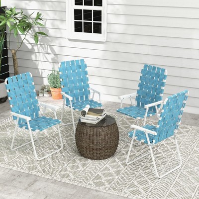 Set of 4 Blue Woven Strap Folding Patio Chairs with Armrests