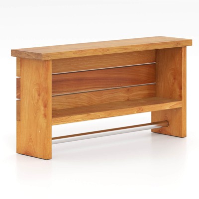Costway 2-Tier Solid Teak Wood Bathroom Shelf with Towel Bar Stainless Steel Hanging Rod