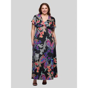 24seven Comfort Apparel Plus Size Black Paisley Print V Neck Empire Waist Cap Sleeve Maxi Dress - 1 of 4