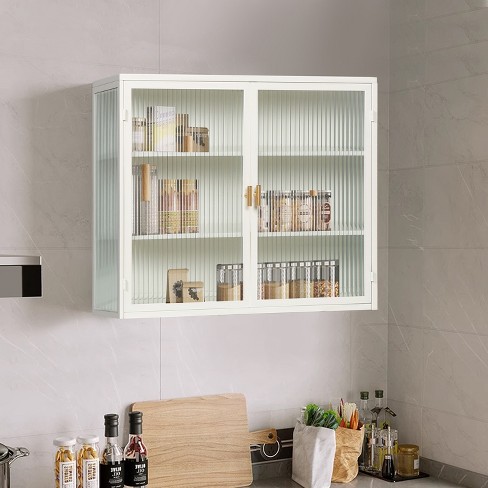 23.62 Glass Door Wall Cabinet With 2-tier Enclosed Storage, Open Shelves  And Towel Rack, White - Modernluxe : Target